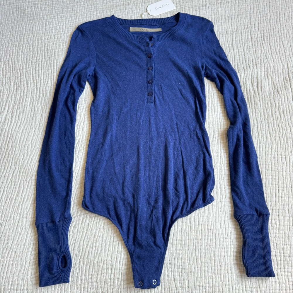 Enza Costa Navy Long-Sleeve Henley Bodysuit